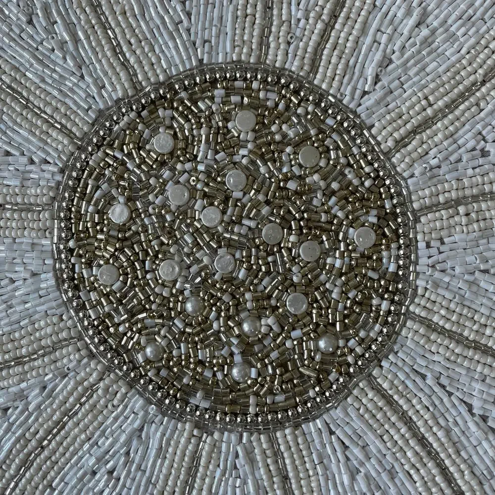 TAHARI HOME Glass Hand Beaded Charger Placemat 15in White Silver Floral NEW